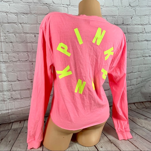 VS PINK Neon Logo Print Long Sleeve Crop Top Pink - Picture 7 of 7